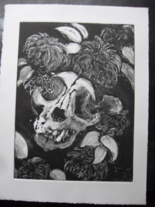 monoprint of an animal skull and dahlias