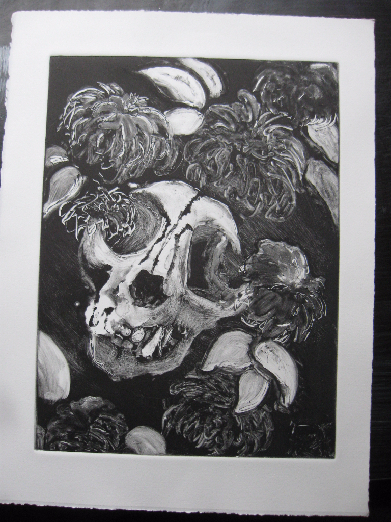 monoprint of an animal skull and dahlias