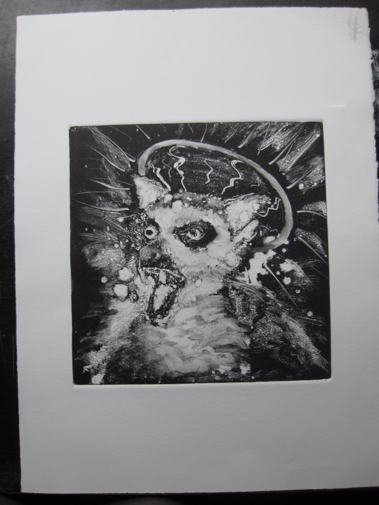 monoprint of an angry lemur with a halo