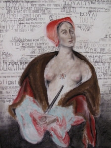a pastel drawing of a woman stabbing herself in front of a field of phrases about family loyalty