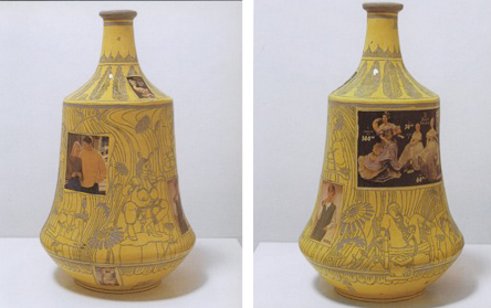 A yellow vase with photo images of a couple in sweaters and one of small figurines. The vase is covered in pornagraphic BDSM scenes done in sgraffito in an art nouveau style.
